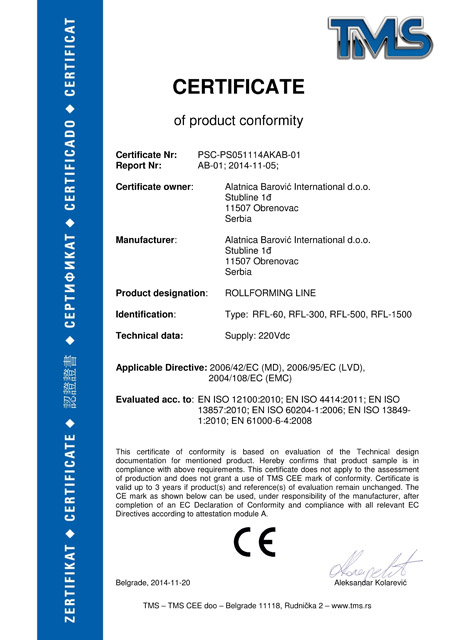 Sertifikat ISO 9001 - Alatnica Barović