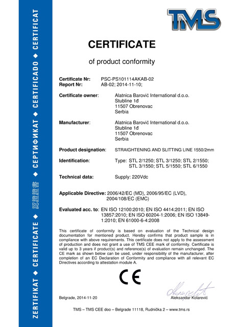 Sertifikat CE Znak - Alatnica Barović
